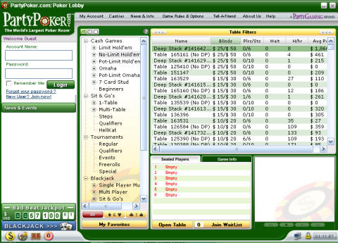 Lobby de Party Poker. La función de múltiple-mesa está bien acomodada con la 