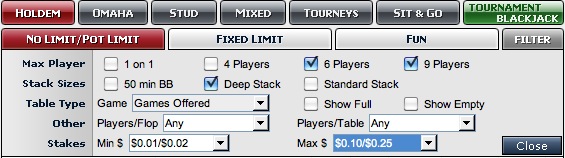 Absolute Poker Lobby Filter